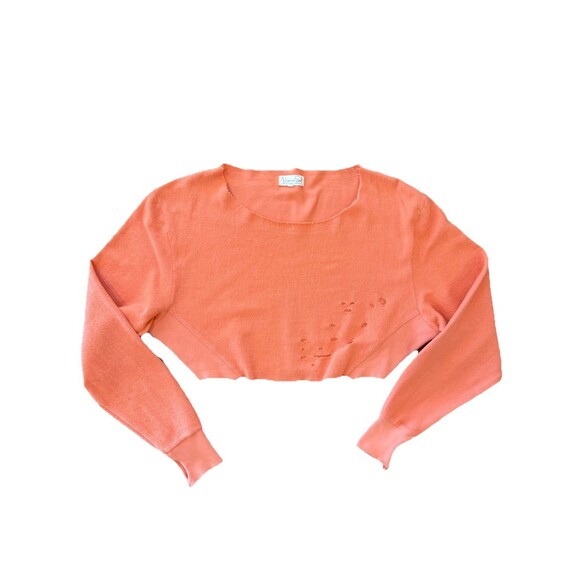 Cropped Distressed Coral Off Shoulder Sweatshirt Slouchy Raw Hem Thumbholes M - Picture 7 of 9